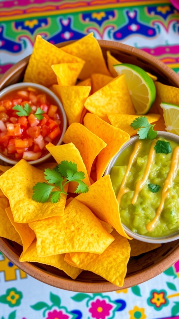A bowl of golden tortilla chips with salsa and guacamole on a colorful tablecloth.